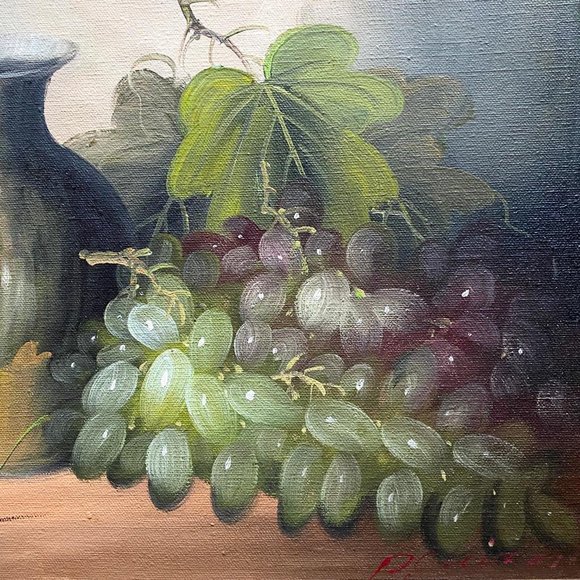 Signed Still Life Oil Painting Of A Vase, A Glass Of Wine, Grapes and Cherries - Picture 3 of 10
